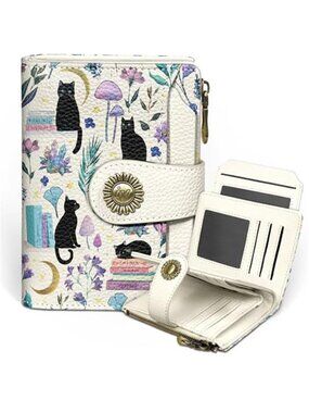 Cat Book Wallet RFID Card Holder Vegan Leather Zip Coin Bifold Womens Purse